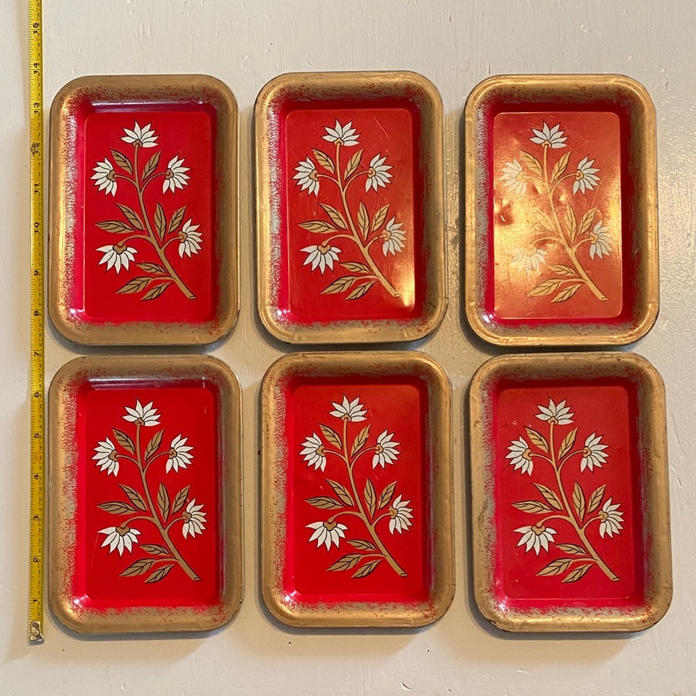 Vintage Red Floral Tin Tip Trays. 1960’s
Set of 8